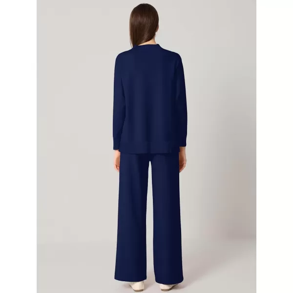 SuperPrity Lounge Sets for Women Two Piece Outfits Knit Sweater Top Wide Leg Pants Matching Sets Sweatsuits 2024 Fall FashionNavy Blue