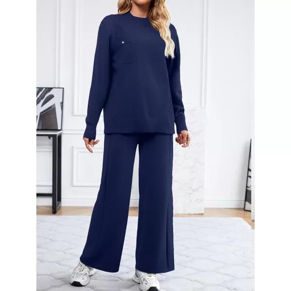 SuperPrity Lounge Sets for Women Two Piece Outfits Knit Sweater Top Wide Leg Pants Matching Sets Sweatsuits 2024 Fall FashionNavy Blue