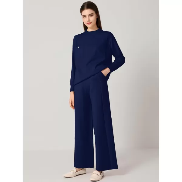 SuperPrity Lounge Sets for Women Two Piece Outfits Knit Sweater Top Wide Leg Pants Matching Sets Sweatsuits 2024 Fall FashionNavy Blue