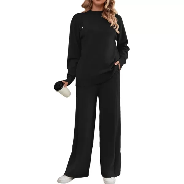 SuperPrity Lounge Sets for Women Two Piece Outfits Knit Sweater Top Wide Leg Pants Matching Sets Sweatsuits 2024 Fall FashionBlack