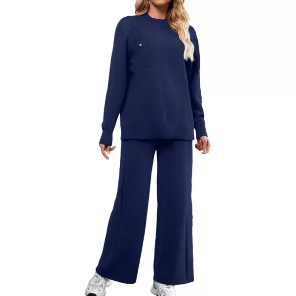 SuperPrity Lounge Sets for Women Two Piece Outfits Knit Sweater Top Wide Leg Pants Matching Sets Sweatsuits 2024 Fall FashionNavy Blue