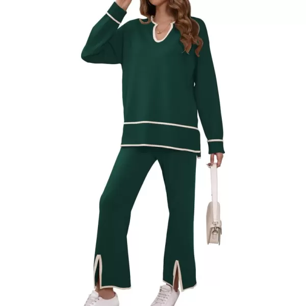 SuperPrity Lounge Sets for Women Two Piece Outfits Sweater Sets Knit Top Wide Leg Pants Matching Sweatsuits Fall Fahsion 2024Dark Green