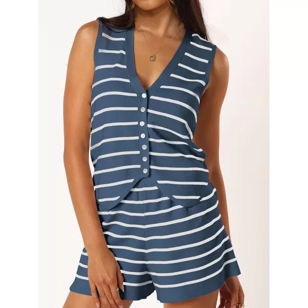 SuperPrity 2 Piece Sets for Women Summer Striped Lounge Sets Sleeveless Knit Matching Short Set Travel Beach Vacation OutfitsBlue White Stripe