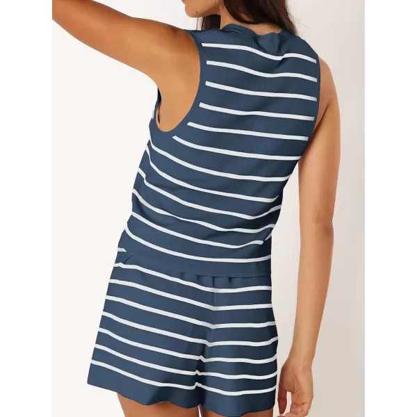 SuperPrity 2 Piece Sets for Women Summer Striped Lounge Sets Sleeveless Knit Matching Short Set Travel Beach Vacation OutfitsBlue White Stripe