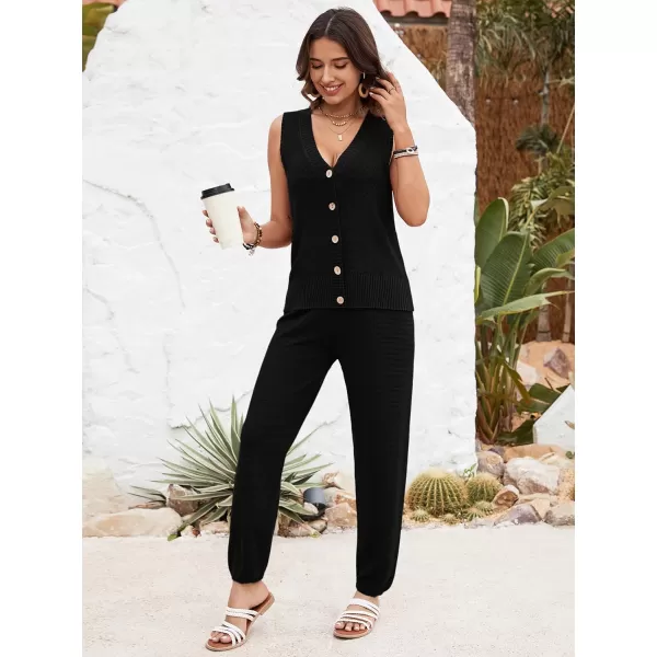 SuperPrity 2 Piece Sets for Women Summer Vacation Outfits Lounge Sets Matching Knit Sweatsuit Tracksuit Travel Trendy ClothesBlack