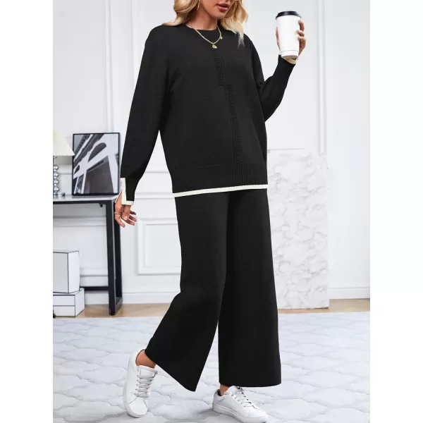 SuperPrity Lounge Sets for Women Fall Fashion 2024 Two Piece Outfits Long Sleeve Knit Top Wide Leg Pants Matching Sweater Set01black