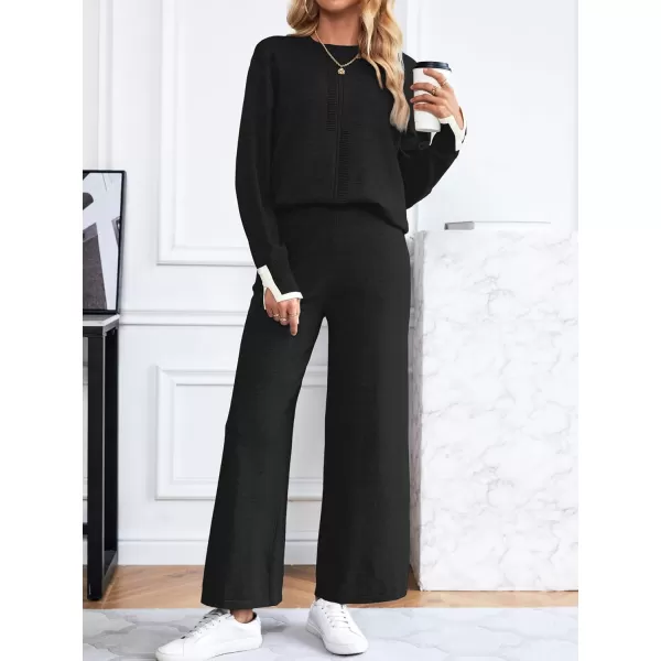 SuperPrity Lounge Sets for Women Fall Fashion 2024 Two Piece Outfits Long Sleeve Knit Top Wide Leg Pants Matching Sweater Set01black