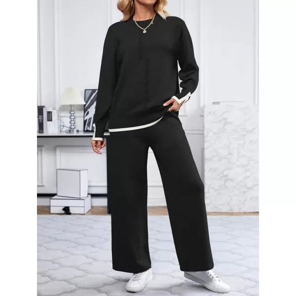 SuperPrity Lounge Sets for Women Fall Fashion 2024 Two Piece Outfits Long Sleeve Knit Top Wide Leg Pants Matching Sweater Set01black
