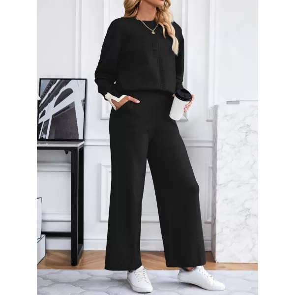 SuperPrity Lounge Sets for Women Fall Fashion 2024 Two Piece Outfits Long Sleeve Knit Top Wide Leg Pants Matching Sweater Set01black