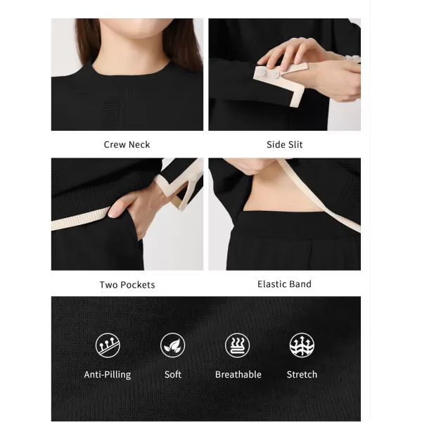 SuperPrity Lounge Sets for Women Fall Fashion 2024 Two Piece Outfits Long Sleeve Knit Top Wide Leg Pants Matching Sweater Set01black