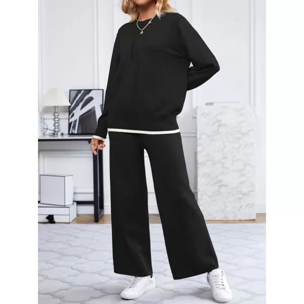 SuperPrity Lounge Sets for Women Fall Fashion 2024 Two Piece Outfits Long Sleeve Knit Top Wide Leg Pants Matching Sweater Set01black