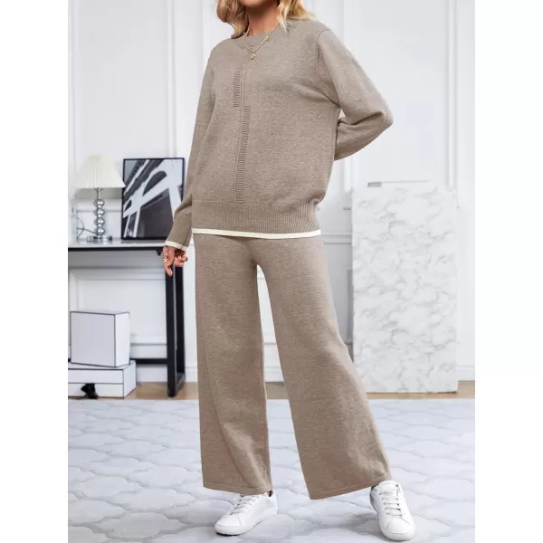 SuperPrity Lounge Sets for Women Fall Fashion 2024 Two Piece Outfits Long Sleeve Knit Top Wide Leg Pants Matching Sweater Set02khaki