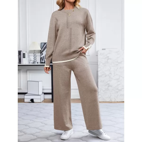 SuperPrity Lounge Sets for Women Fall Fashion 2024 Two Piece Outfits Long Sleeve Knit Top Wide Leg Pants Matching Sweater Set02khaki