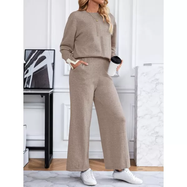 SuperPrity Lounge Sets for Women Fall Fashion 2024 Two Piece Outfits Long Sleeve Knit Top Wide Leg Pants Matching Sweater Set02khaki