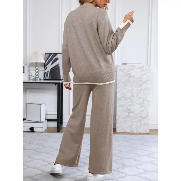 SuperPrity Lounge Sets for Women Fall Fashion 2024 Two Piece Outfits Long Sleeve Knit Top Wide Leg Pants Matching Sweater Set02khaki