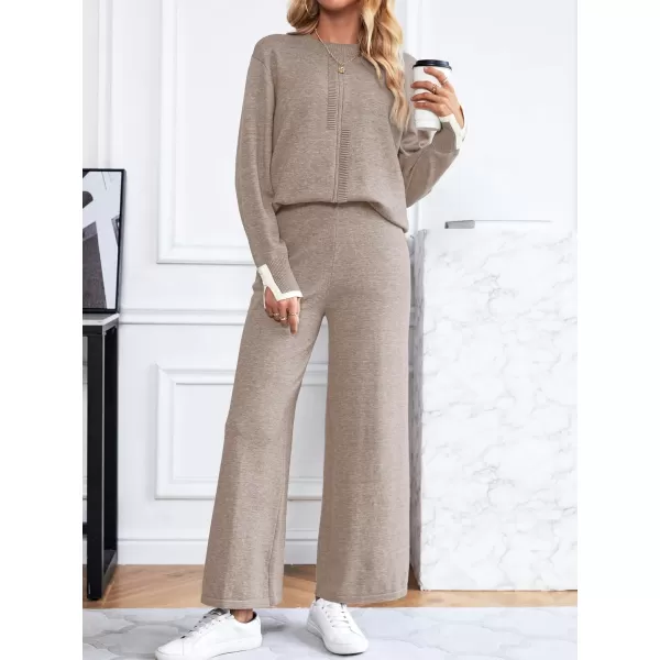 SuperPrity Lounge Sets for Women Fall Fashion 2024 Two Piece Outfits Long Sleeve Knit Top Wide Leg Pants Matching Sweater Set02khaki