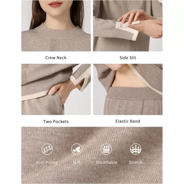 SuperPrity Lounge Sets for Women Fall Fashion 2024 Two Piece Outfits Long Sleeve Knit Top Wide Leg Pants Matching Sweater Set02khaki