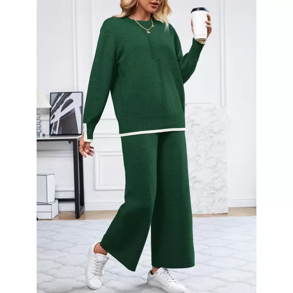 SuperPrity Lounge Sets for Women Fall Fashion 2024 Two Piece Outfits Long Sleeve Knit Top Wide Leg Pants Matching Sweater Set04dark Green