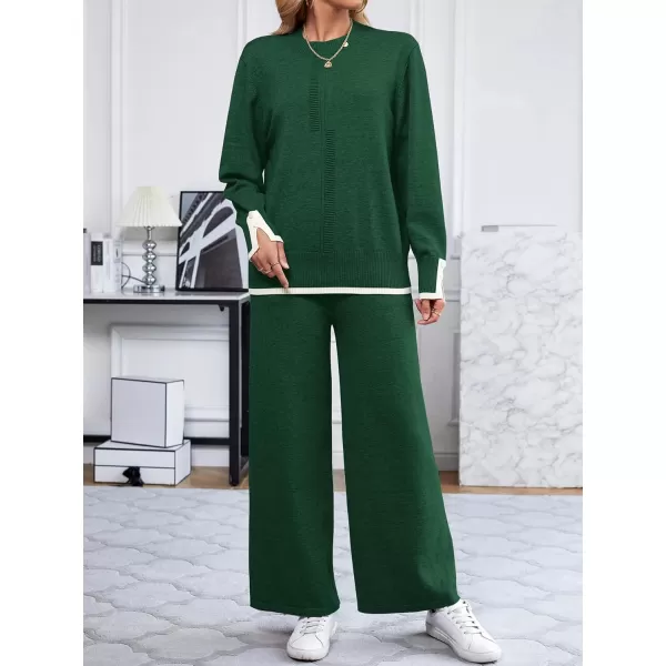 SuperPrity Lounge Sets for Women Fall Fashion 2024 Two Piece Outfits Long Sleeve Knit Top Wide Leg Pants Matching Sweater Set04dark Green