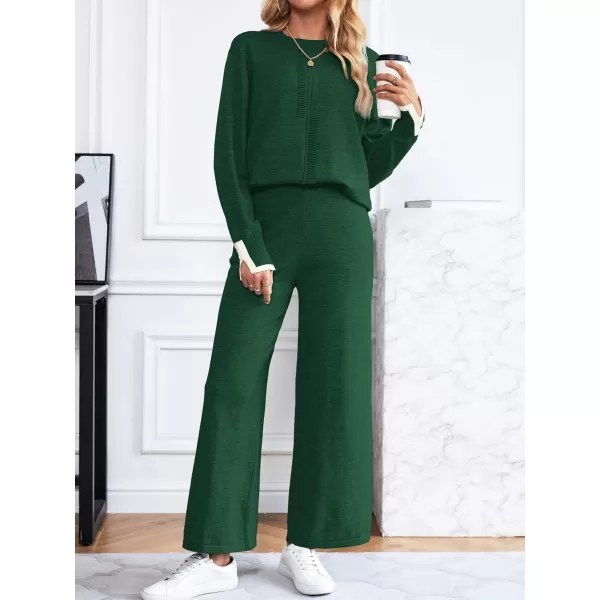 SuperPrity Lounge Sets for Women Fall Fashion 2024 Two Piece Outfits Long Sleeve Knit Top Wide Leg Pants Matching Sweater Set04dark Green