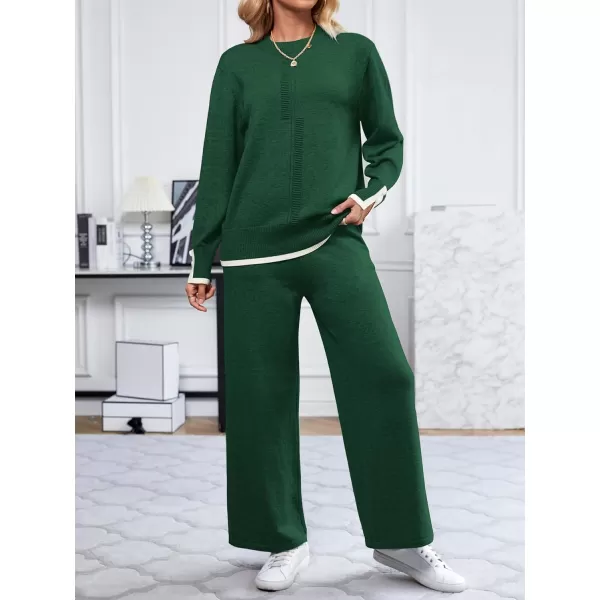 SuperPrity Lounge Sets for Women Fall Fashion 2024 Two Piece Outfits Long Sleeve Knit Top Wide Leg Pants Matching Sweater Set04dark Green