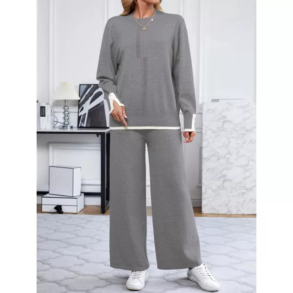 SuperPrity Lounge Sets for Women Fall Fashion 2024 Two Piece Outfits Long Sleeve Knit Top Wide Leg Pants Matching Sweater Set05grey