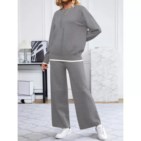 SuperPrity Lounge Sets for Women Fall Fashion 2024 Two Piece Outfits Long Sleeve Knit Top Wide Leg Pants Matching Sweater Set05grey