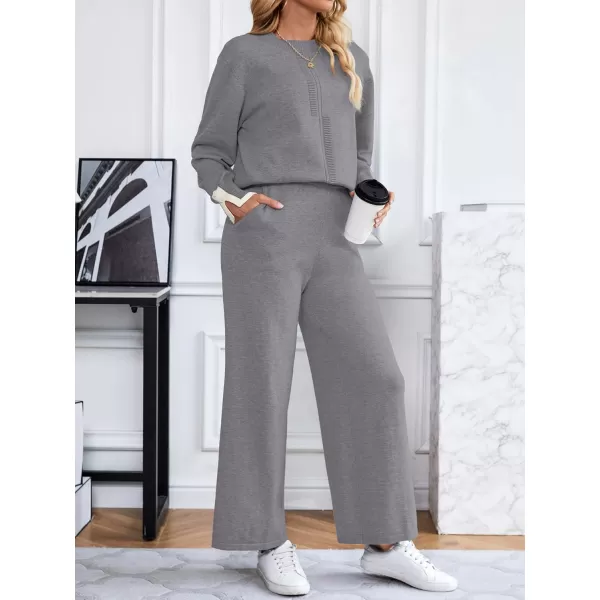 SuperPrity Lounge Sets for Women Fall Fashion 2024 Two Piece Outfits Long Sleeve Knit Top Wide Leg Pants Matching Sweater Set05grey