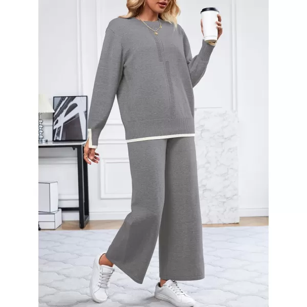 SuperPrity Lounge Sets for Women Fall Fashion 2024 Two Piece Outfits Long Sleeve Knit Top Wide Leg Pants Matching Sweater Set05grey