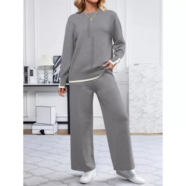 SuperPrity Lounge Sets for Women Fall Fashion 2024 Two Piece Outfits Long Sleeve Knit Top Wide Leg Pants Matching Sweater Set05grey