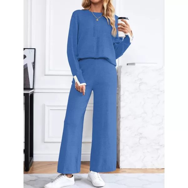 SuperPrity Lounge Sets for Women Fall Fashion 2024 Two Piece Outfits Long Sleeve Knit Top Wide Leg Pants Matching Sweater Set06blue