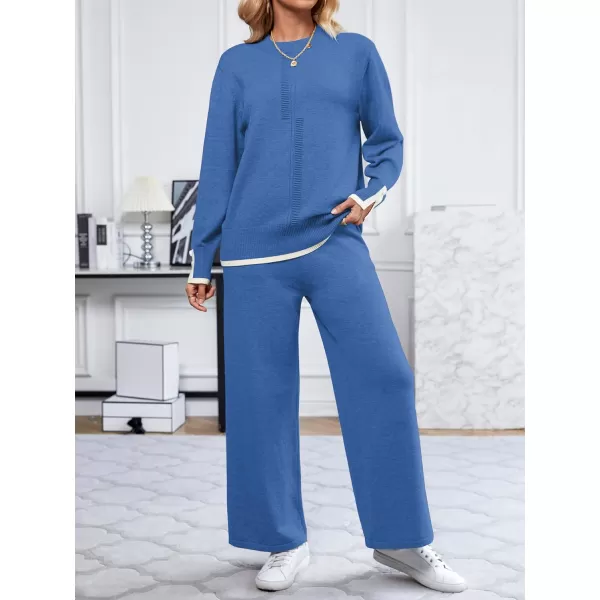 SuperPrity Lounge Sets for Women Fall Fashion 2024 Two Piece Outfits Long Sleeve Knit Top Wide Leg Pants Matching Sweater Set06blue