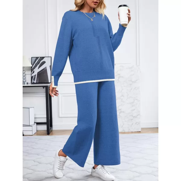 SuperPrity Lounge Sets for Women Fall Fashion 2024 Two Piece Outfits Long Sleeve Knit Top Wide Leg Pants Matching Sweater Set06blue