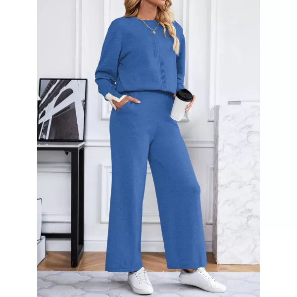 SuperPrity Lounge Sets for Women Fall Fashion 2024 Two Piece Outfits Long Sleeve Knit Top Wide Leg Pants Matching Sweater Set06blue