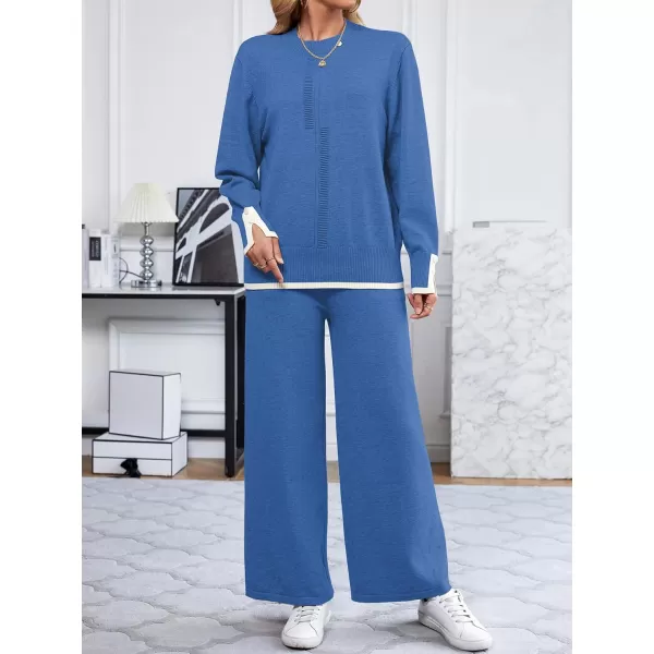 SuperPrity Lounge Sets for Women Fall Fashion 2024 Two Piece Outfits Long Sleeve Knit Top Wide Leg Pants Matching Sweater Set06blue