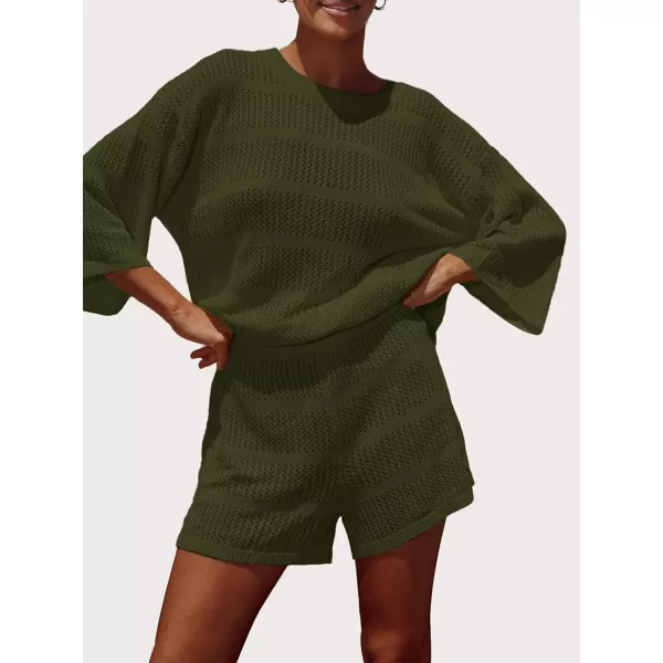 SuperPrity Swimsuit Coverup for Women Crochet Knit 34 Sleeve Two Piece Sets Summer Beach Outfits Bathing Suit Cover Up SetArmy Green