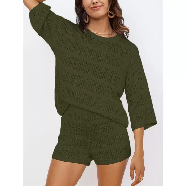 SuperPrity Swimsuit Coverup for Women Crochet Knit 34 Sleeve Two Piece Sets Summer Beach Outfits Bathing Suit Cover Up SetArmy Green