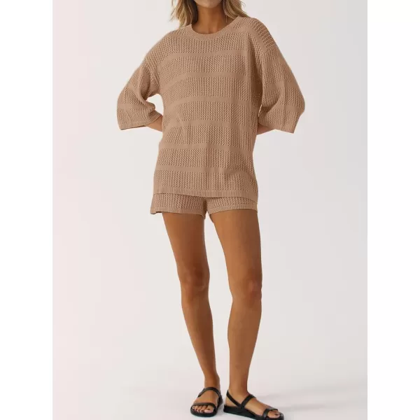 SuperPrity Swimsuit Coverup for Women Crochet Knit 34 Sleeve Two Piece Sets Summer Beach Outfits Bathing Suit Cover Up SetKhaki