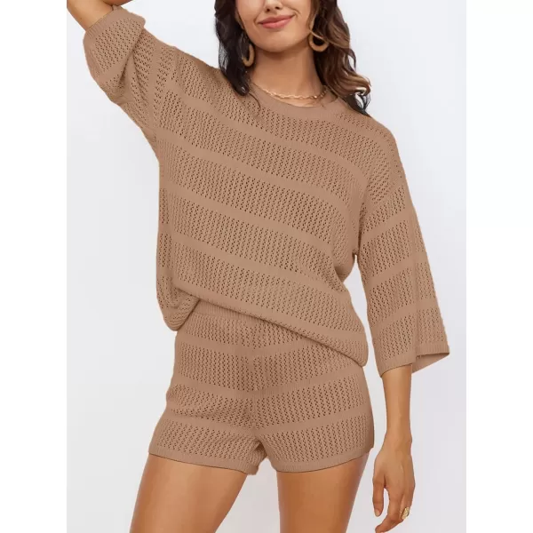 SuperPrity Swimsuit Coverup for Women Crochet Knit 34 Sleeve Two Piece Sets Summer Beach Outfits Bathing Suit Cover Up SetKhaki