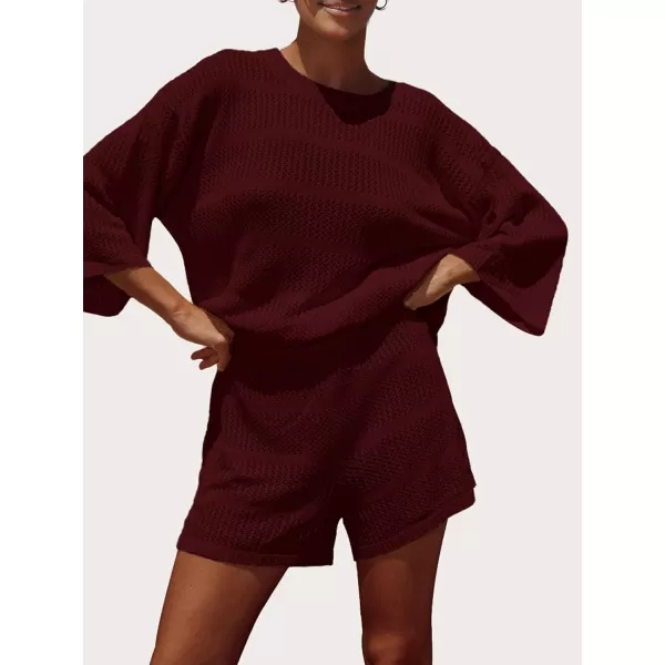 SuperPrity Swimsuit Coverup for Women Crochet Knit 34 Sleeve Two Piece Sets Summer Beach Outfits Bathing Suit Cover Up SetWine Red