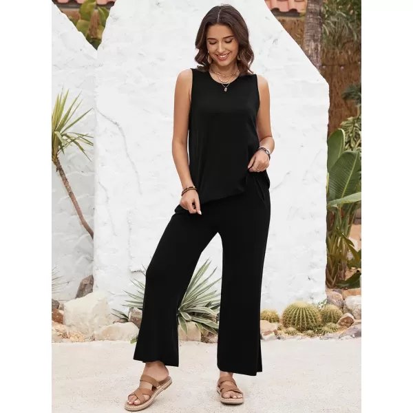 SuperPrity Two Piece Sets for Women Summer Outfits Lounge Sets Matching Loungewear Wide Leg Sweatsuits Fashion Trendy ClothesBlack