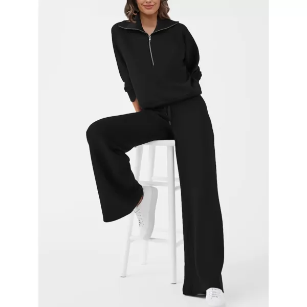 SuperPrity Women 2 Piece Outfits 2024 Fall Fashion Trendy Sweatsuit Oversized Sweatshirt Sweatpants Matching Sweat Lounge SetBlack