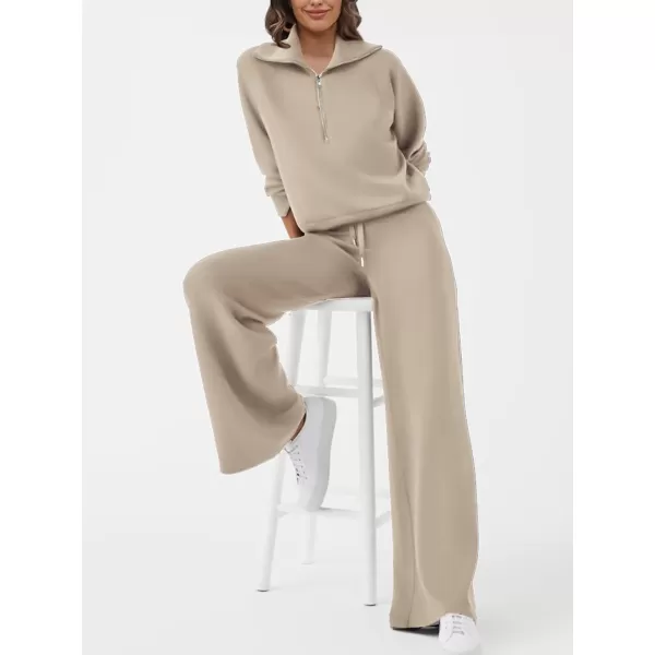 SuperPrity Women 2 Piece Outfits 2024 Fall Fashion Trendy Sweatsuit Oversized Sweatshirt Sweatpants Matching Sweat Lounge SetKhaki