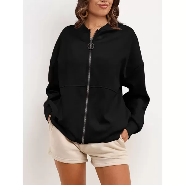 SuperPrity Women Crewneck Zip Up Sweatshirts Long Sleeve Oversized Jacket Coat Pocket Casual Hoodie 2024 Fall Trendy OutfitsBlack