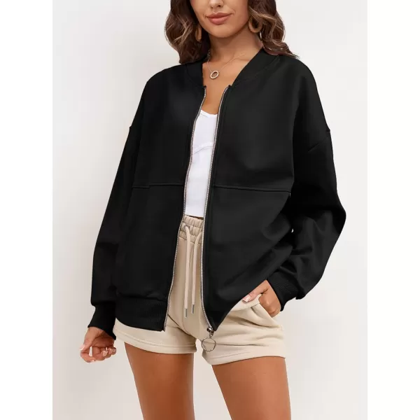 SuperPrity Women Crewneck Zip Up Sweatshirts Long Sleeve Oversized Jacket Coat Pocket Casual Hoodie 2024 Fall Trendy OutfitsBlack