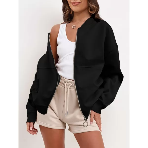 SuperPrity Women Crewneck Zip Up Sweatshirts Long Sleeve Oversized Jacket Coat Pocket Casual Hoodie 2024 Fall Trendy OutfitsBlack