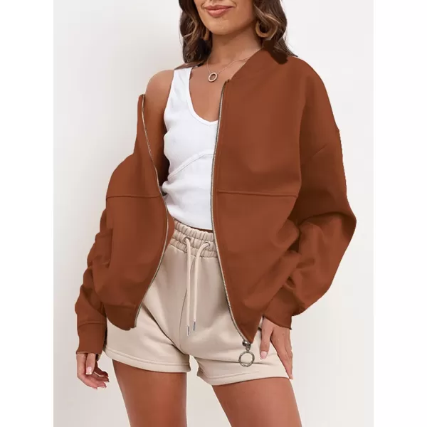 SuperPrity Women Crewneck Zip Up Sweatshirts Long Sleeve Oversized Jacket Coat Pocket Casual Hoodie 2024 Fall Trendy OutfitsBrown
