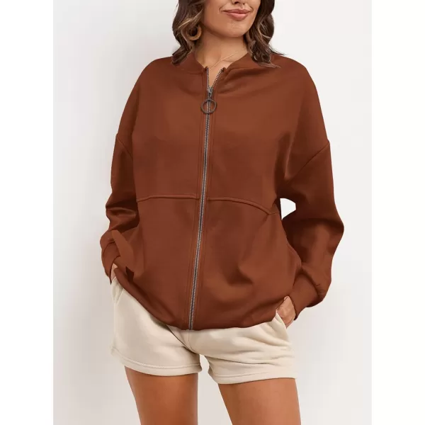SuperPrity Women Crewneck Zip Up Sweatshirts Long Sleeve Oversized Jacket Coat Pocket Casual Hoodie 2024 Fall Trendy OutfitsBrown
