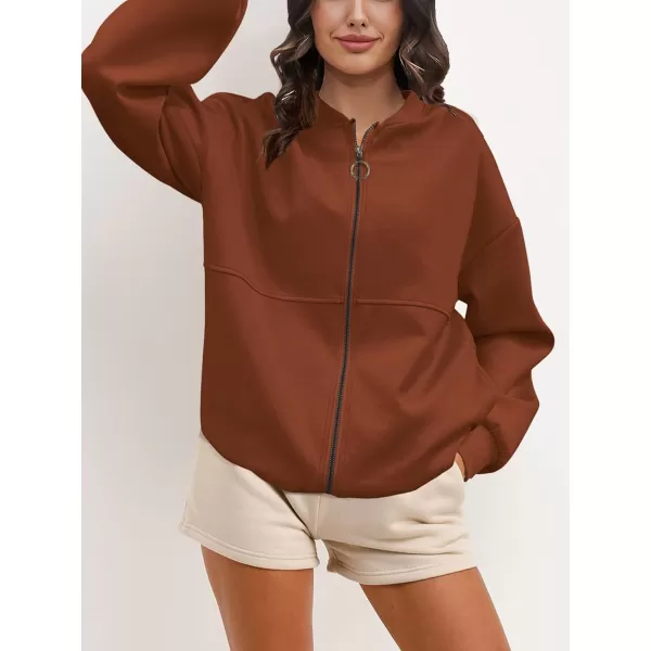 SuperPrity Women Crewneck Zip Up Sweatshirts Long Sleeve Oversized Jacket Coat Pocket Casual Hoodie 2024 Fall Trendy OutfitsBrown