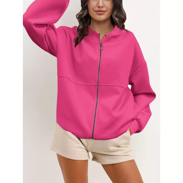 SuperPrity Women Crewneck Zip Up Sweatshirts Long Sleeve Oversized Jacket Coat Pocket Casual Hoodie 2024 Fall Trendy OutfitsHot Pink